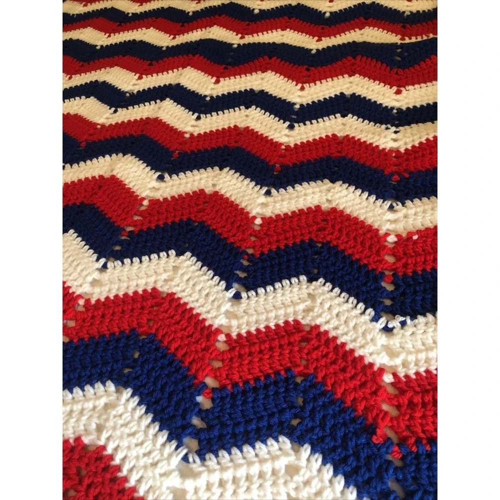 Granny Blanket Crochet Red White Blue Patriotic Americana Handmade Throw 32 X38